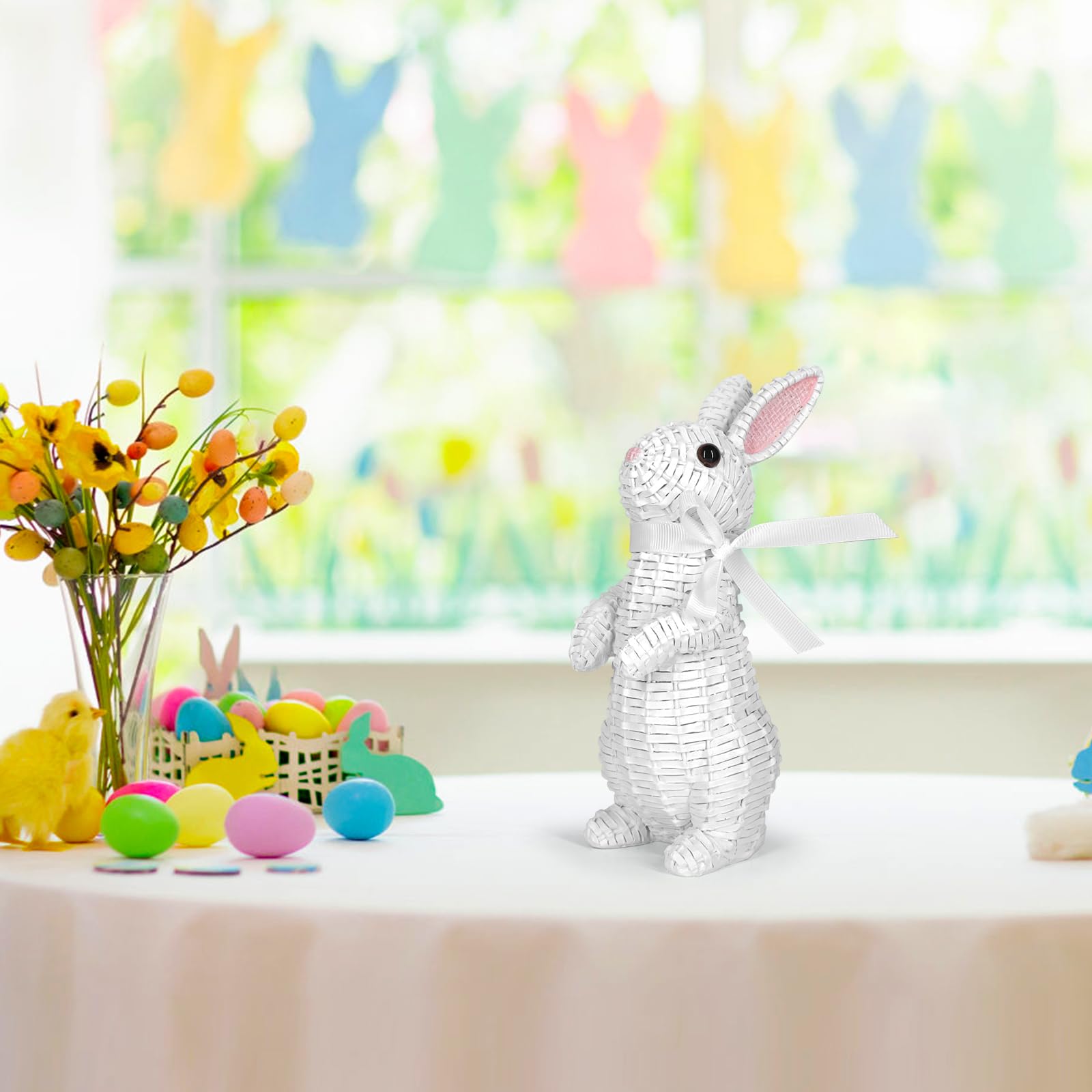 MicoSim Rattan Effect Resin Bunny Easter Decor,Table Rabbit Easter Decorations,Spring Bunnies Decoration Statue Figurine for Home Farmhouse(White, Stand) - Image 4